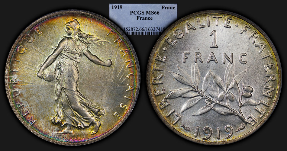1919_France_1Franc_PCGS_MS66_Toned_compo